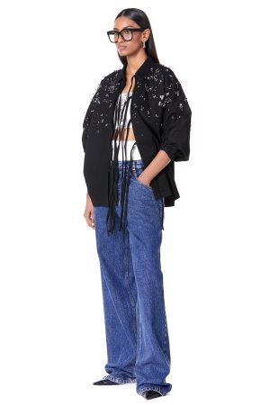 Bejeweled tie-up batwing jacket