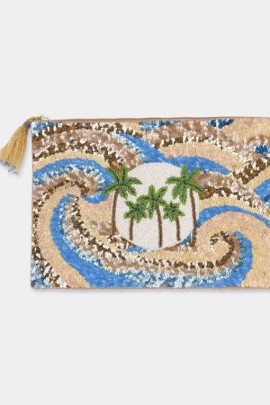 Palm Tree Sequins Pouch - BEIGE