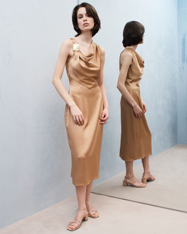Cowl Neck Sleeveless Dress - Honey