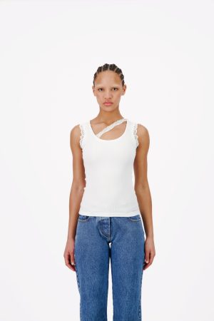 RIBBED TANK TOP WITH LACE TRIM NECKLINE