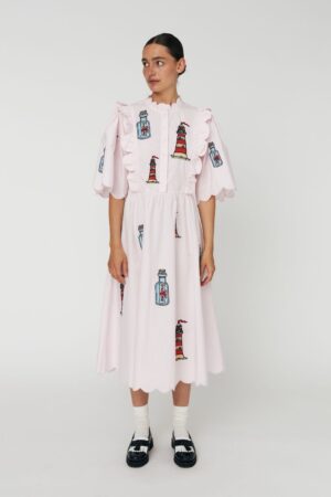 Embroidered Midi dress with Scallops Pale Pink