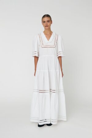 Maxi Dress with Short Sleeves and Artworks White