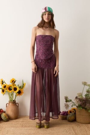 Folkora Embellished Yoke Maxi Skirt