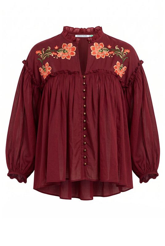 Sadie Embroidered Blouse - Burgundy