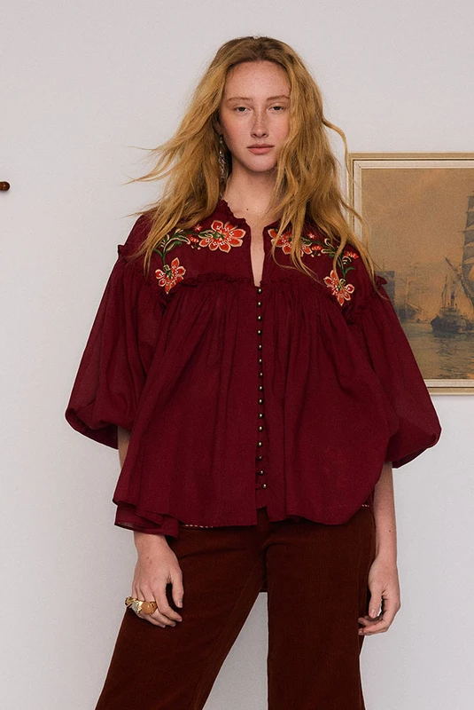 Sadie Embroidered Blouse - Burgundy - Image 2