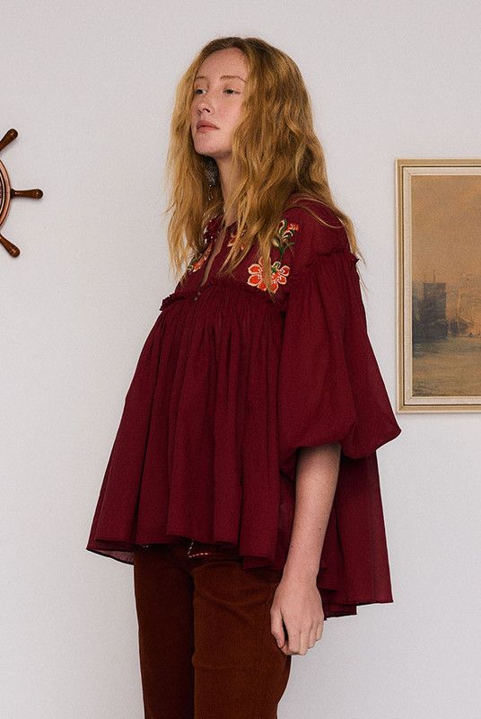 Sadie Embroidered Blouse - Burgundy - Image 3