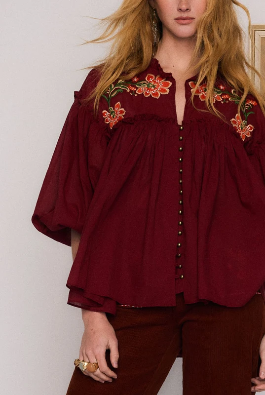 Sadie Embroidered Blouse - Burgundy - Image 5